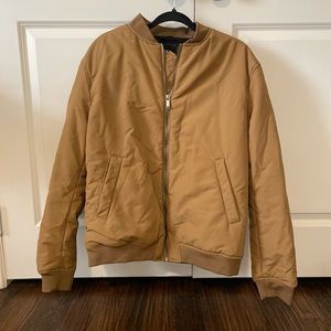 Zara Tan Bomber Jacket with Ribbed Collar and Zipper Closure
